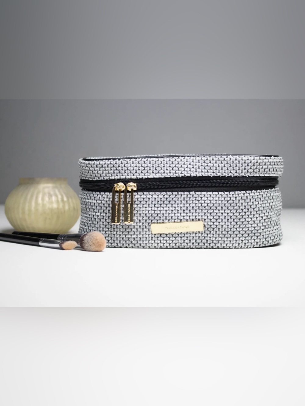 Tartan + Twine Makeup Case Cosmetic Bag in Grey and Black with Gold Hardware